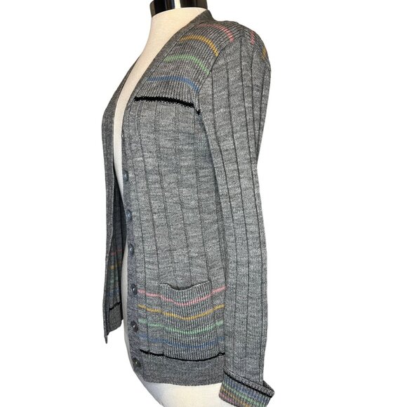 Kenny Classics VTG Women Cardigan Size 14 Long Sleeve Button Grey stripes pocket - Picture 3 of 8